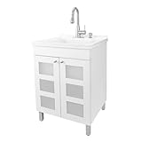 White Utility Sink in White Vanity, Stainless Steel Pull-Down...