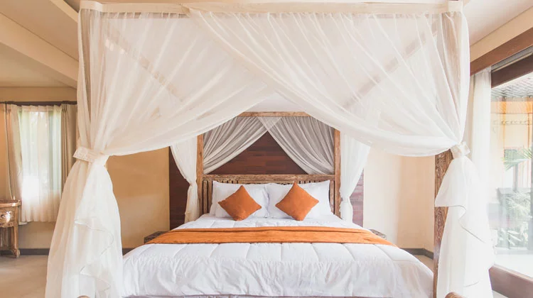 White Mosquito Net with Brown Wooden Bed Frame