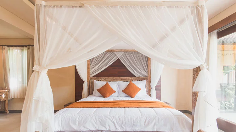 White Mosquito Net with Brown Wooden Bed Frame White Mosquito Net with Brown Wooden Bed Frame