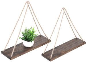 MyGift 17-Inch Distressed Wood Hanging Swing Rope Floating Shelves